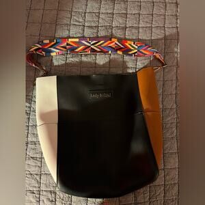 Kathy Ireland Black White Brown Bucket Bag with Funky Multi Pattern Strap